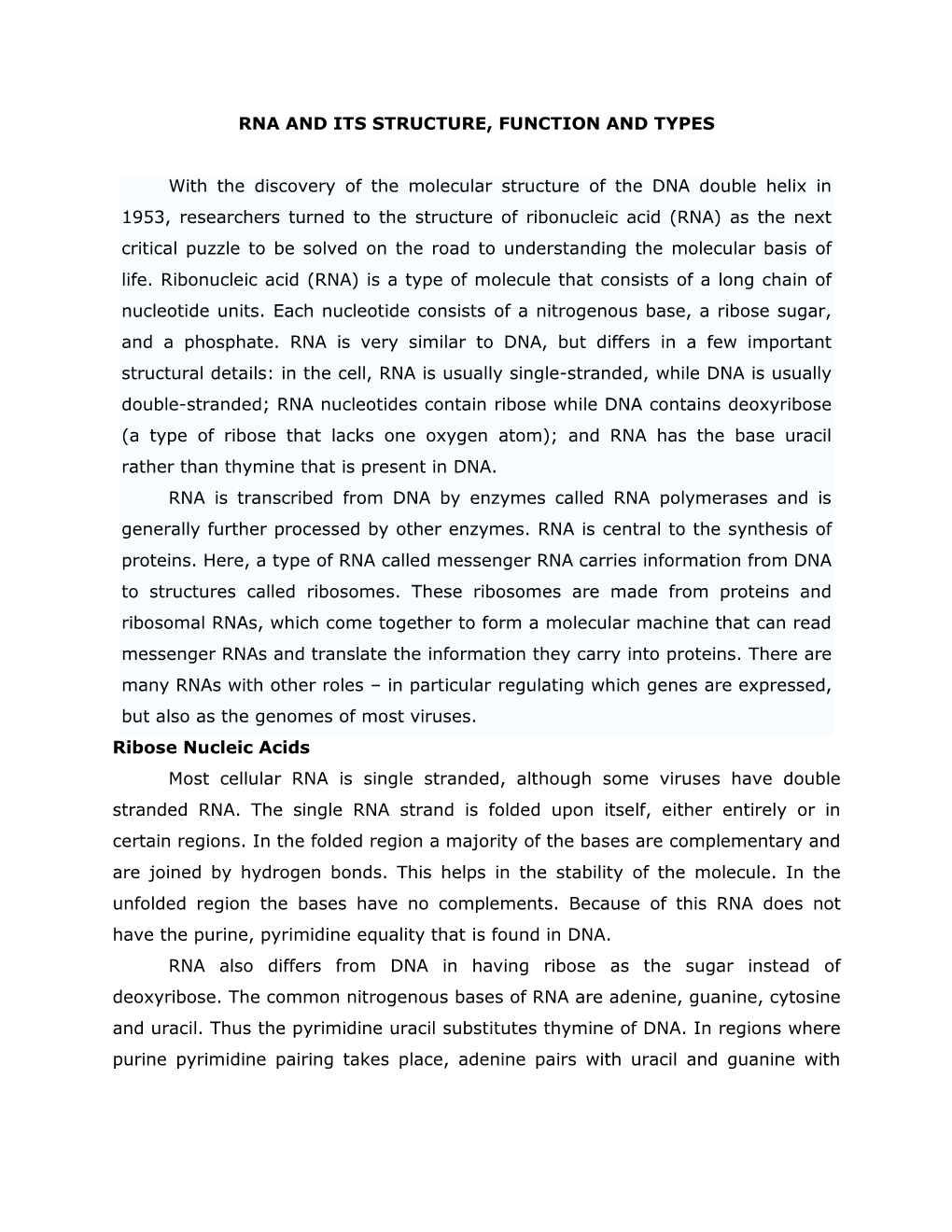 RNA and ITS STRUCTURE, FUNCTION and TYPES with The