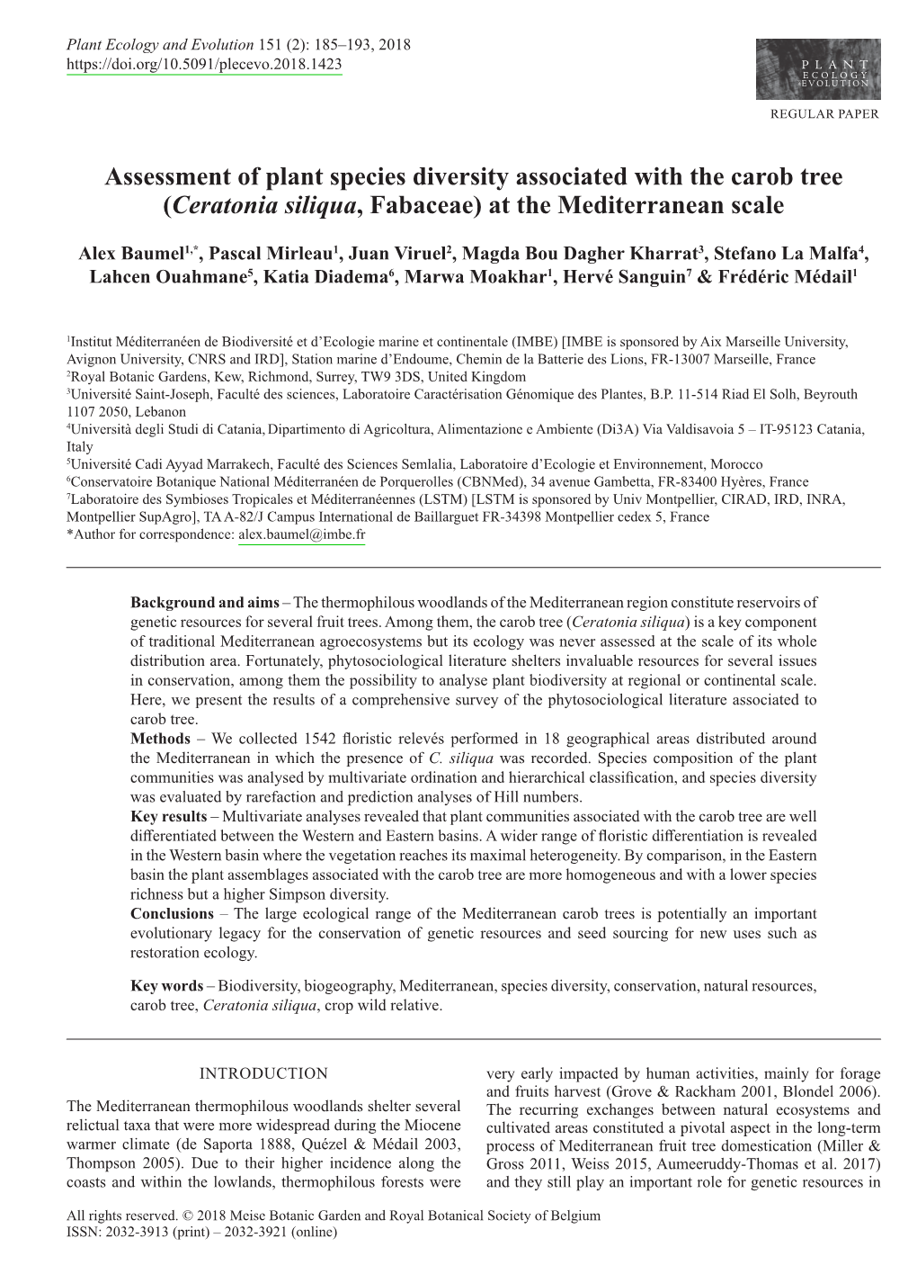 Assessment of Plant Species Diversity Associated with the Carob Tree (Ceratonia Siliqua, Fabaceae) at the Mediterranean Scale