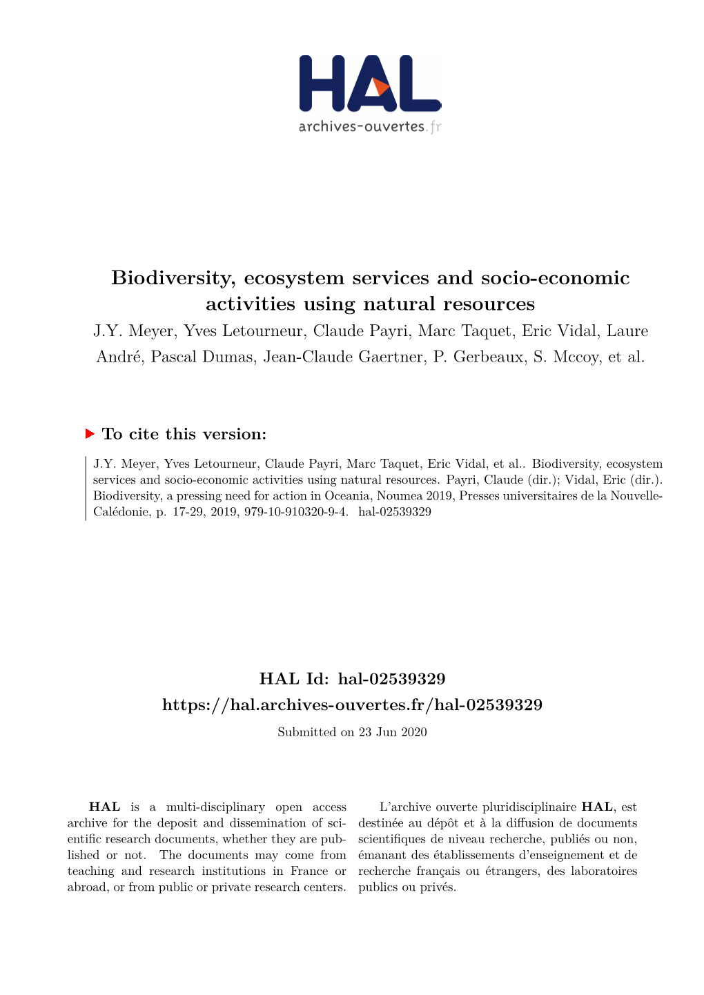 Biodiversity, Ecosystem Services and Socio-Economic Activities Using Natural Resources J.Y