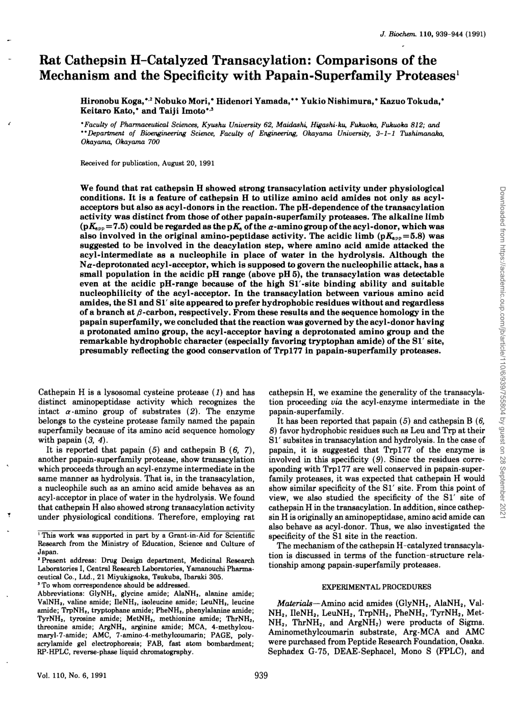 Rat Cathepsin H-Catalyzed Transacylation: Comparisons of the Mechanism and the Specificity with Papain-Superfamily Proteases1