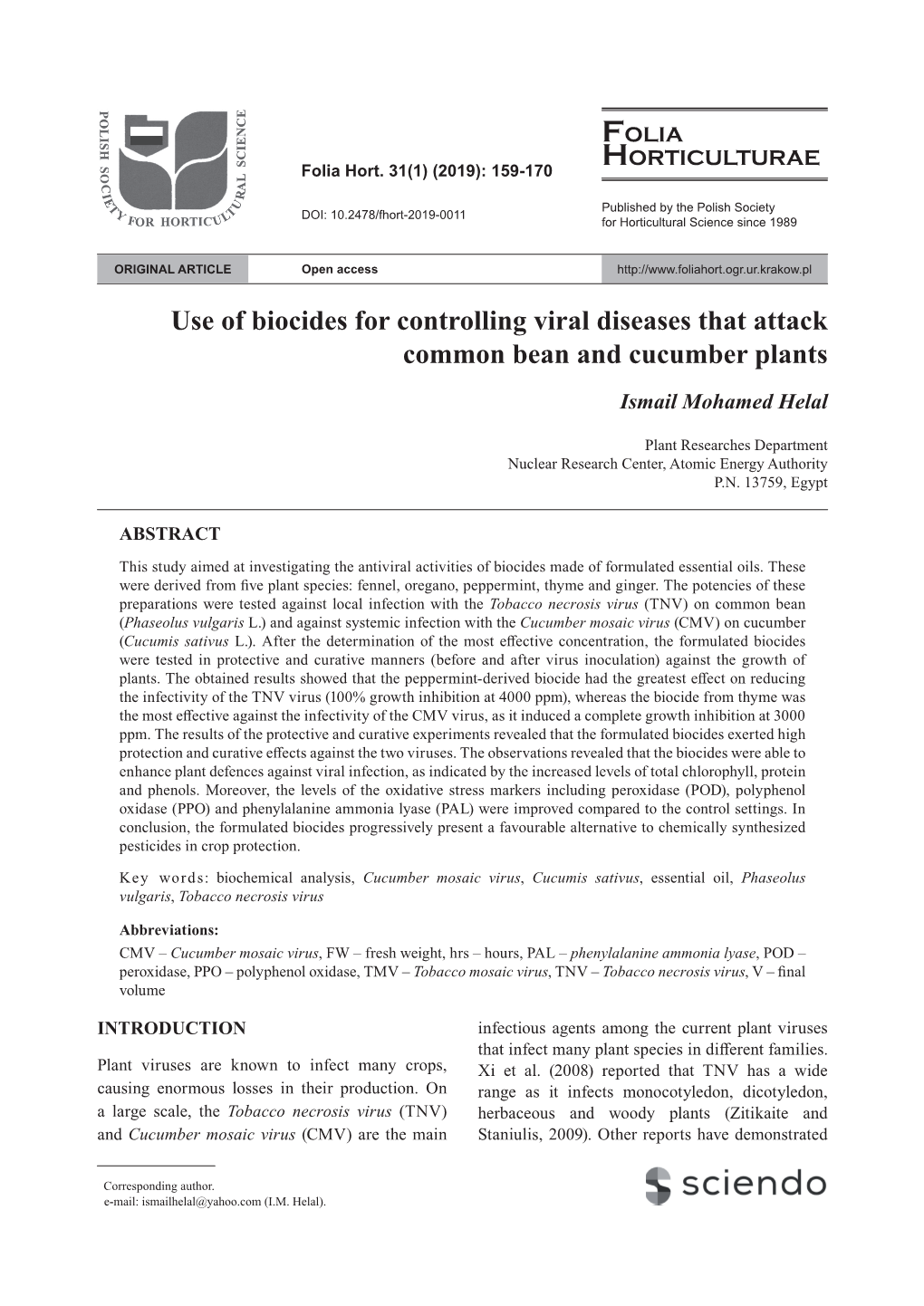 Use of Biocides for Controlling Viral Diseases That Attack Common Bean and Cucumber Plants Ismail Mohamed Helal