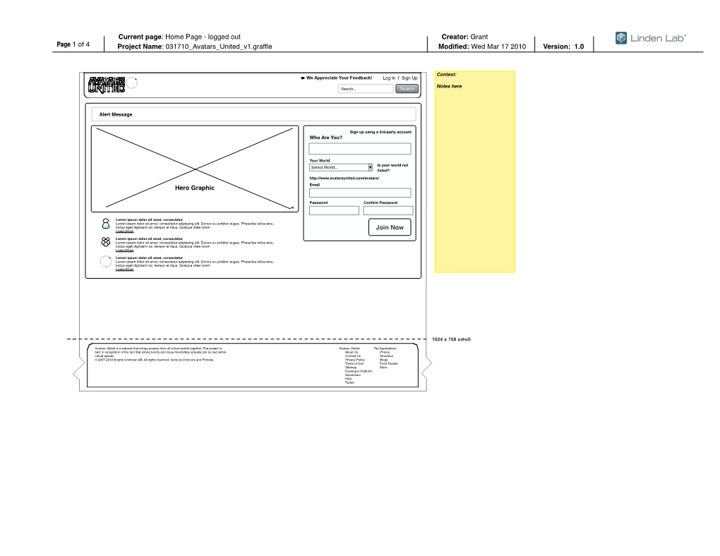 Current Page: Home Page - Logged out Creator: Grant Page 1 of 4 Project Name: 031710 Avatars United V1.Grafﬂe Modiﬁed: Wed Mar 17 2010 Version: 1.0