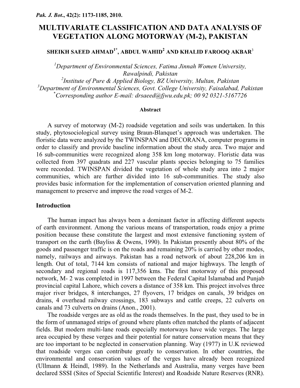 Multivariate Classification and Data Analysis of Vegetation Along Motorway (M-2), Pakistan