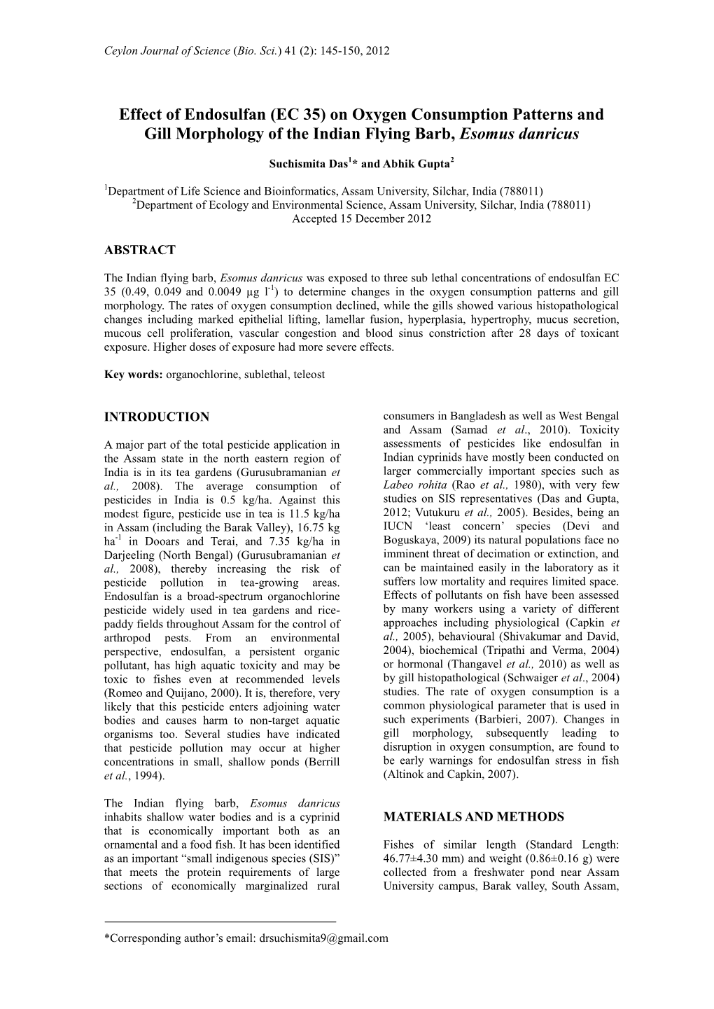 Effect of Endosulfan (EC 35) on Oxygen Consumption Patterns and Gill Morphology of the Indian Flying Barb, Esomus Danricus