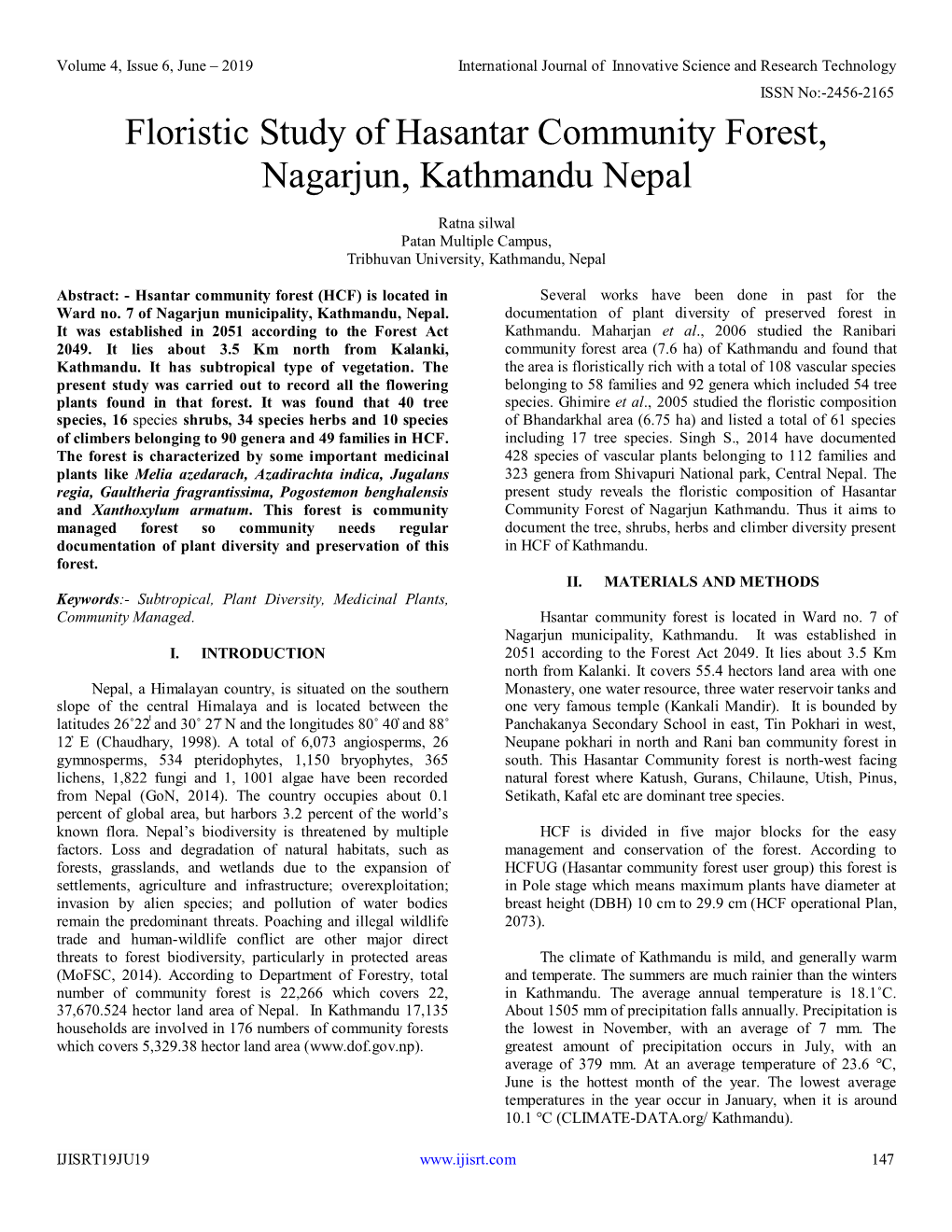 Floristic Study of Hasantar Community Forest, Nagarjun, Kathmandu Nepal
