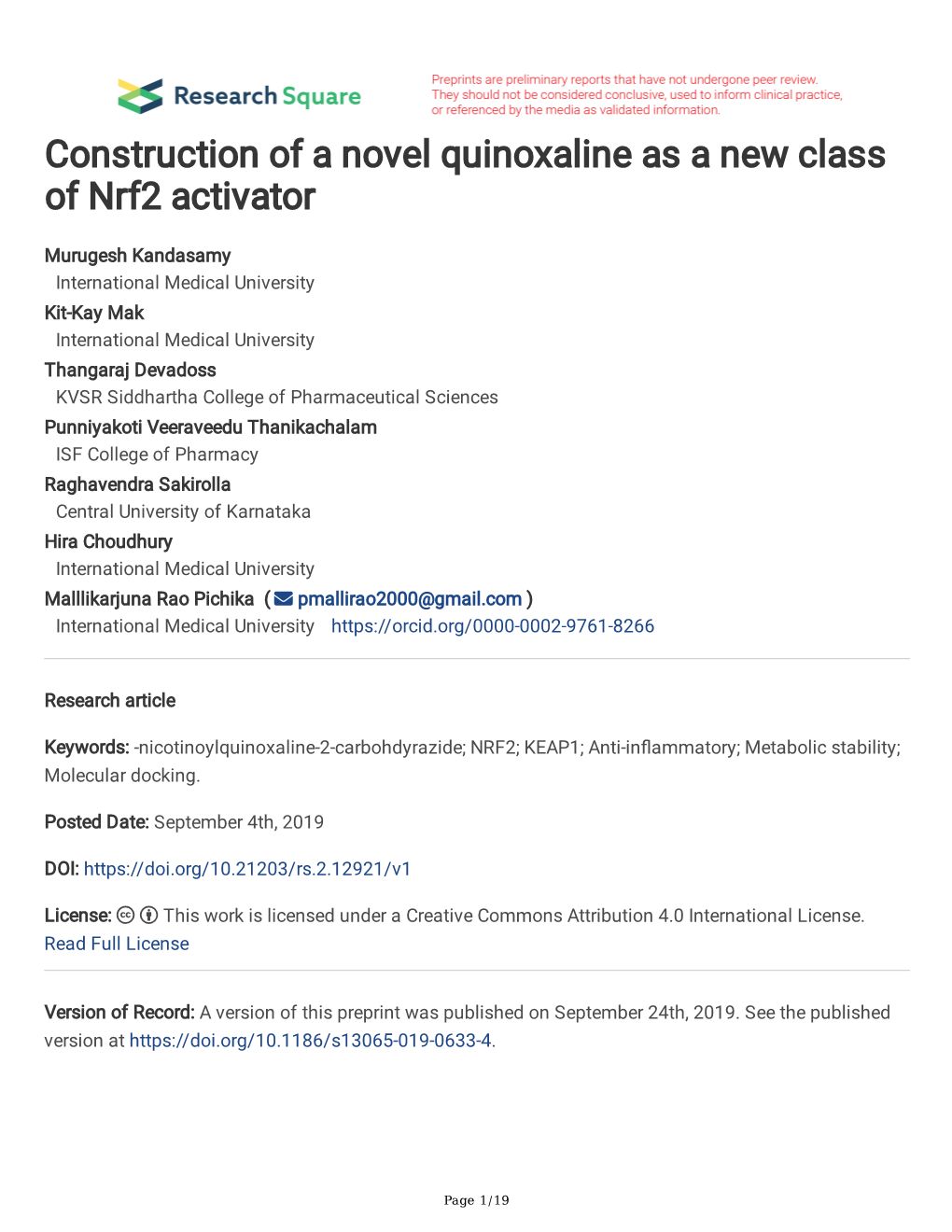 Construction of a Novel Quinoxaline As a New Class of Nrf2 Activator