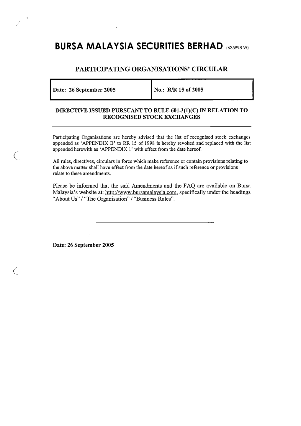 Directive Issued Pursuant to Rule 601.3(1)(C) in Relation to Recognised Stock Exchanges