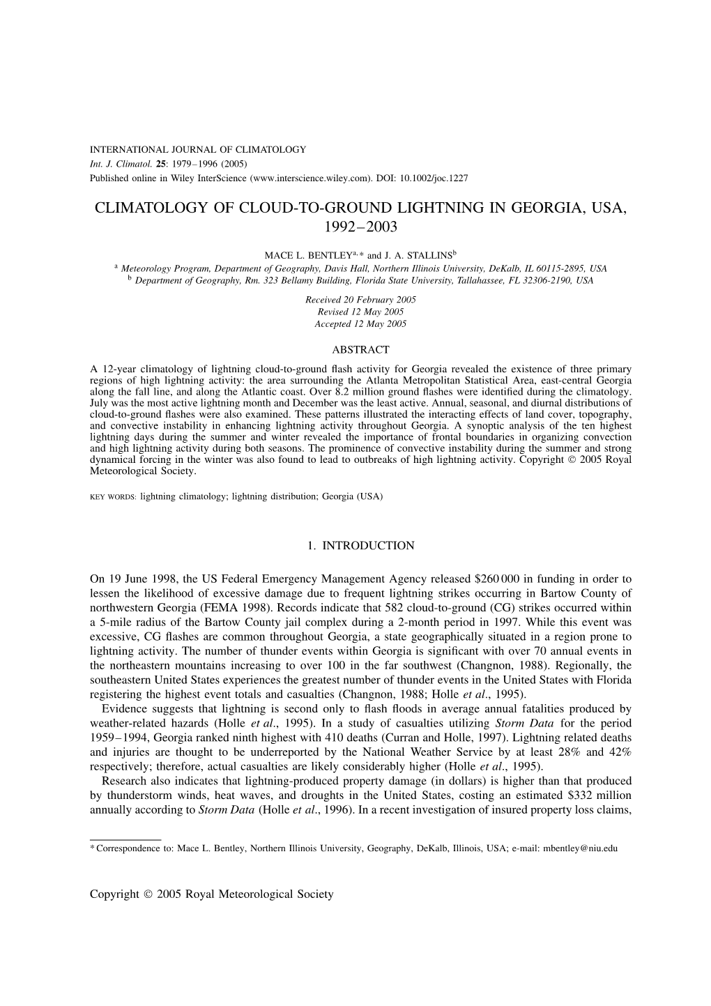 Climatology of Cloud-To-Ground Lightning in Georgia, USA, 1992-2003