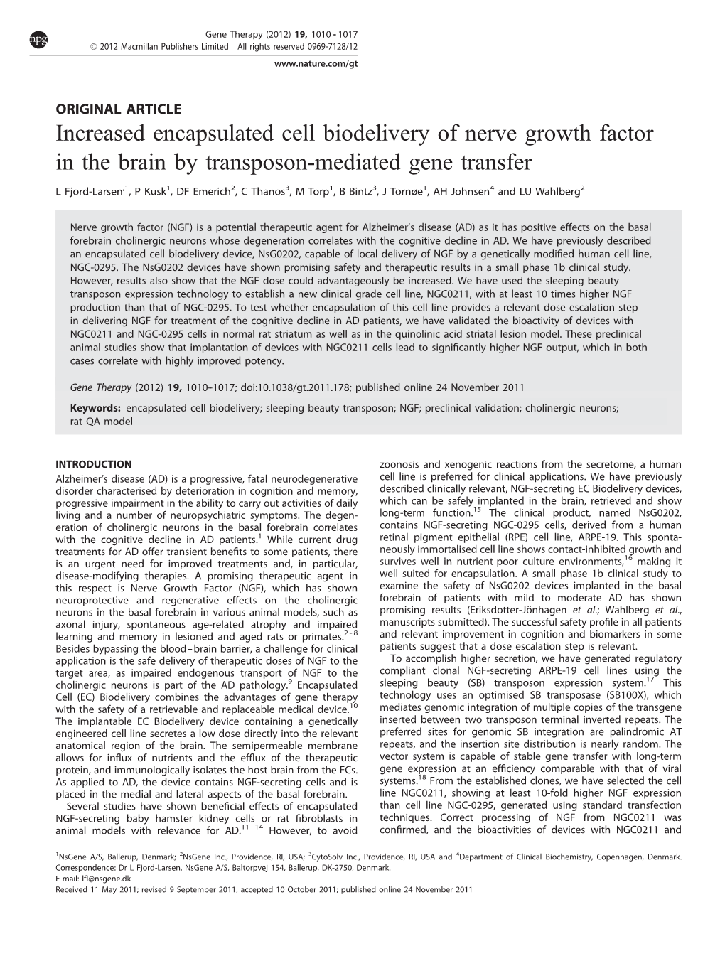 Increased Encapsulated Cell Biodelivery of Nerve Growth Factor in the Brain by Transposon-Mediated Gene Transfer