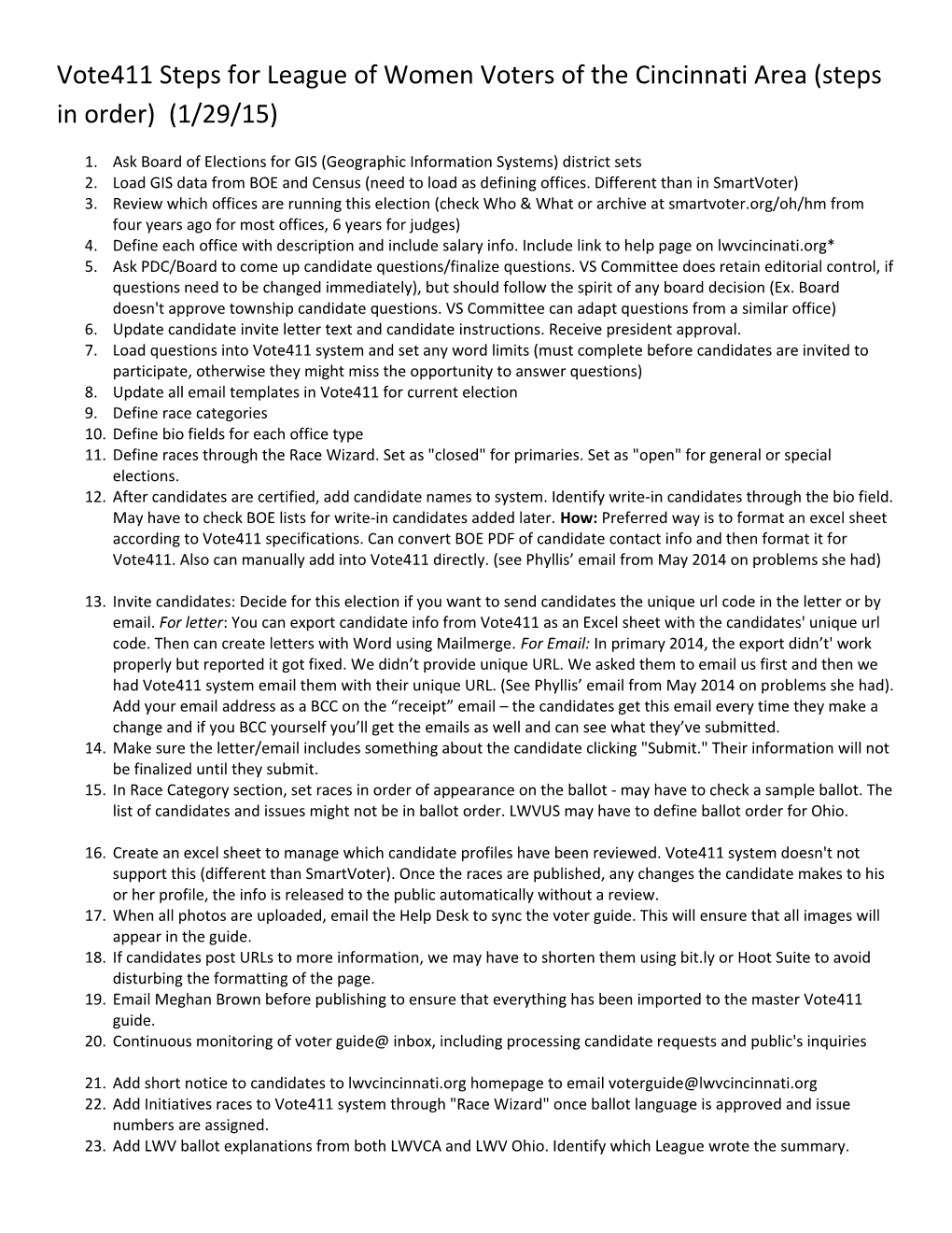 Vote411 Steps for League of Women Voters of the Cincinnati Area (Steps in Order) (1/29/15)