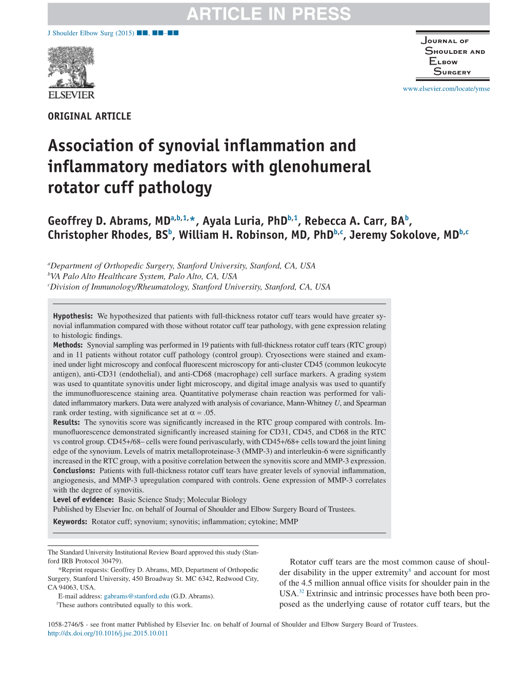 Association of Synovial Inflammation and Inflammatory Mediators with Glenohumeral Rotator Cuff Pathology