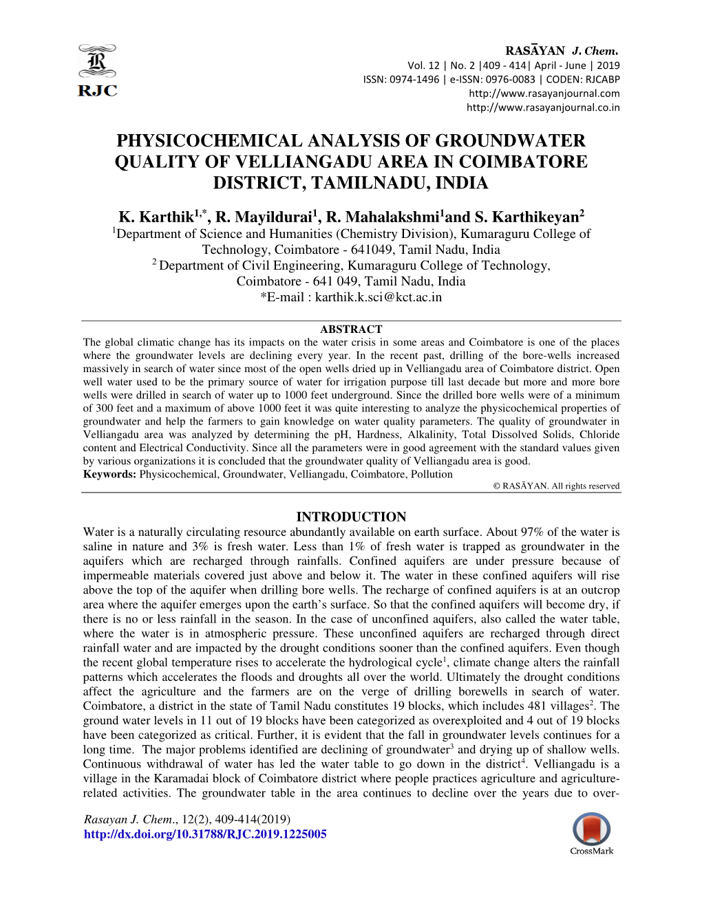 Physicochemical Analysis of Groundwater Quality of Velliangadu Area in Coimbatore District, Tamilnadu, India