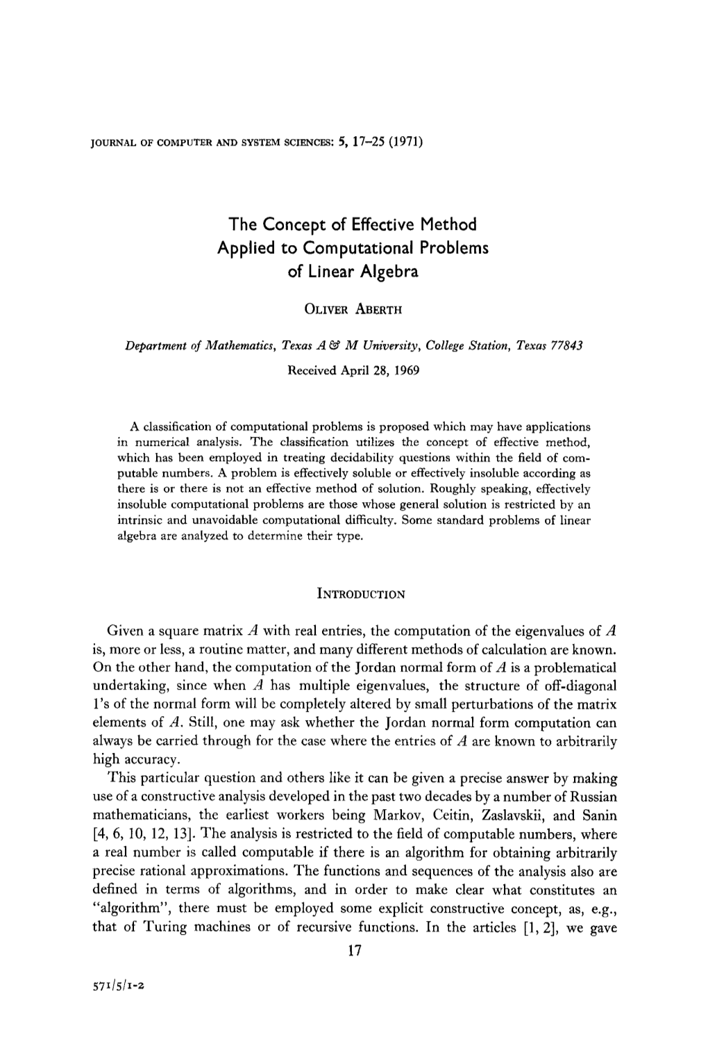 The Concept of Effective Method Applied to Computational Problems of Linear Algebra