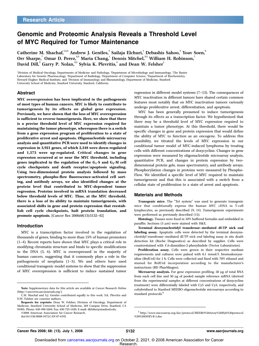 Genomic and Proteomic Analysis Reveals a Threshold Level of MYC Required for Tumor Maintenance