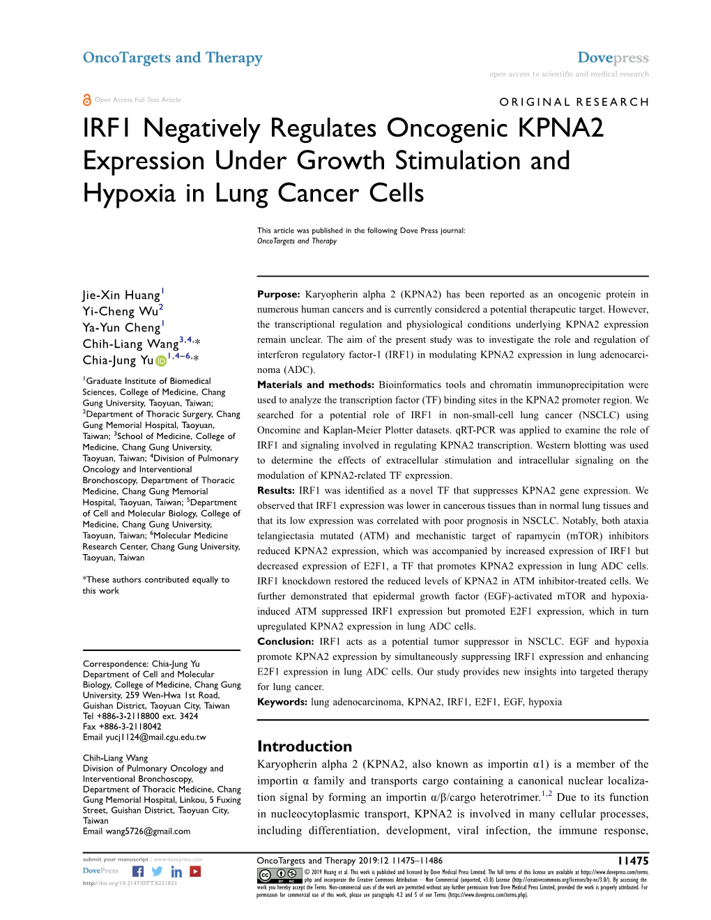 IRF1 Negatively Regulates Oncogenic KPNA2 Expression Under Growth Stimulation and Hypoxia in Lung Cancer Cells