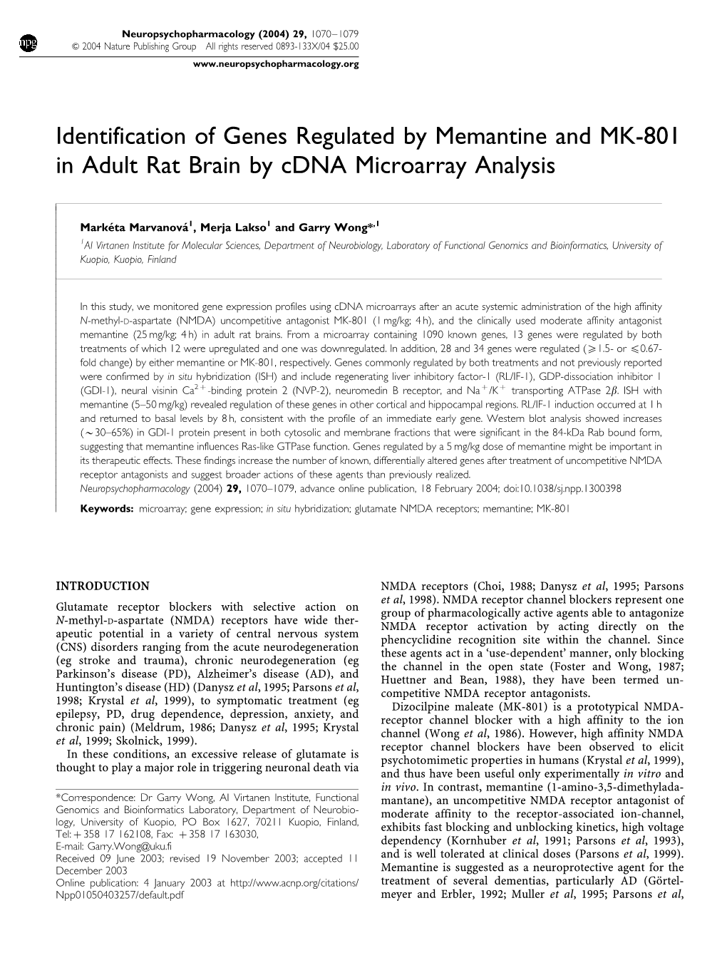 Identification of Genes Regulated by Memantine and MK-801 in Adult Rat Brain by Cdna Microarray Analysis