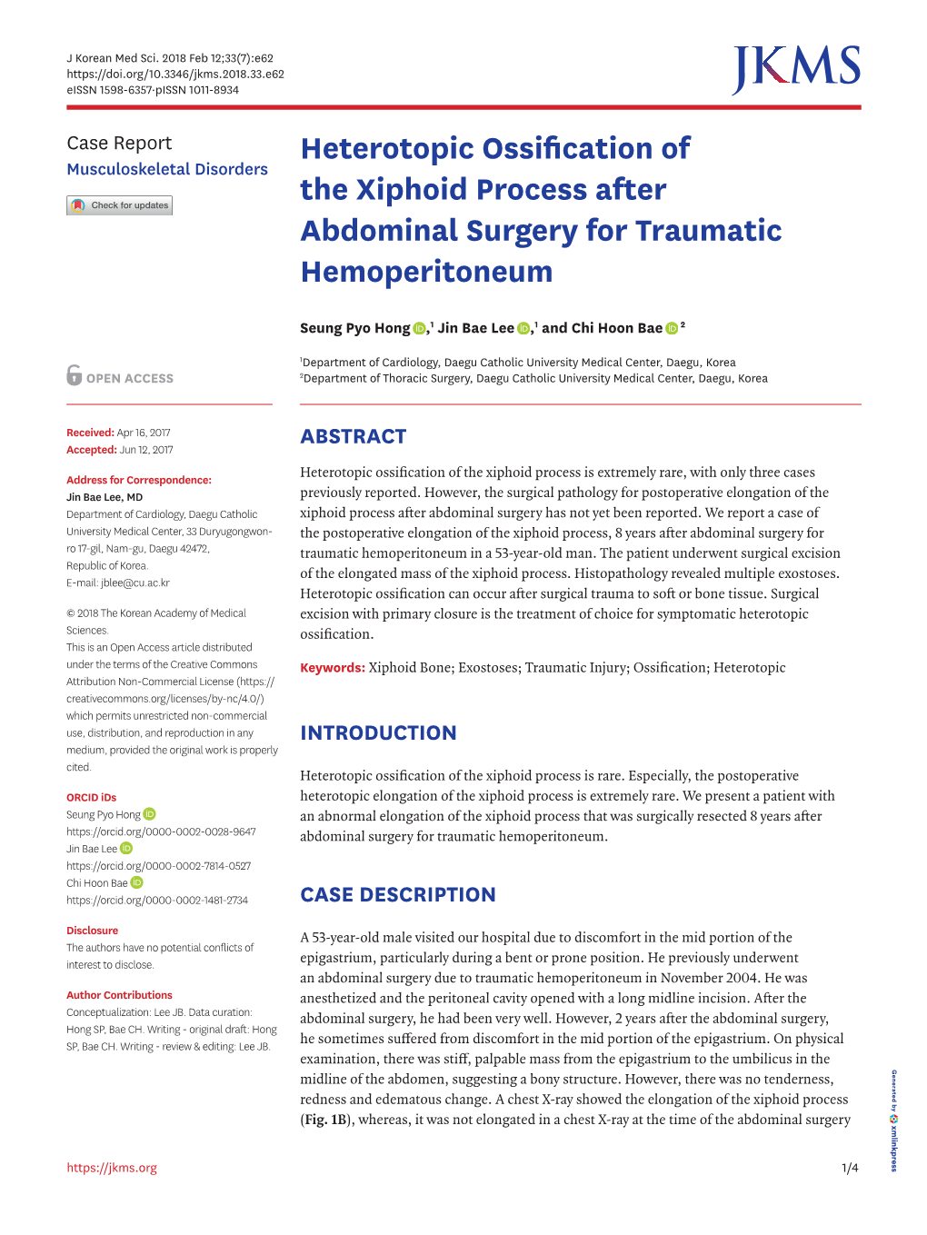 Heterotopic Ossification of the Xiphoid Process After Abdominal Surgery for Traumatic Hemoperitoneum