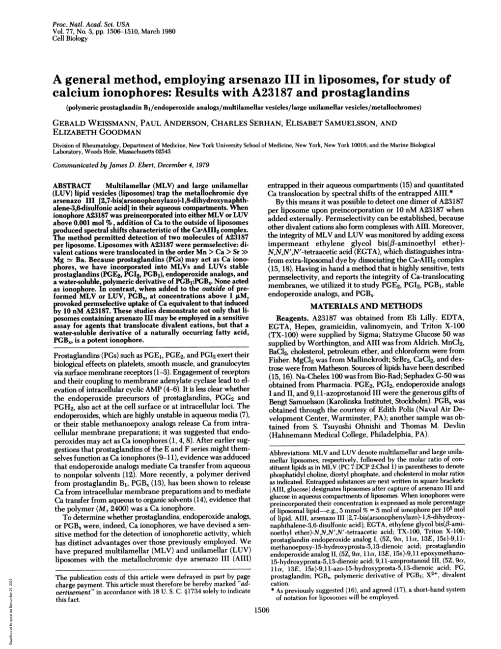 A General Method, Employing Arsenazo III in Liposomes, for Study Of