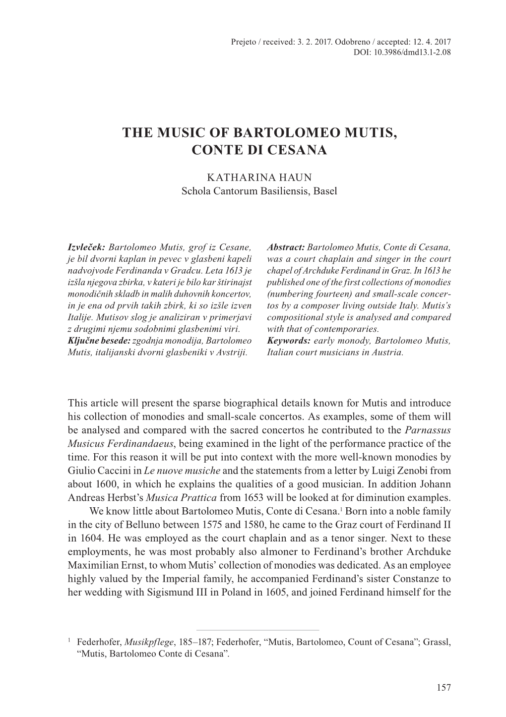 The Music of Bartolomeo Mutis, Conte Di Cesana