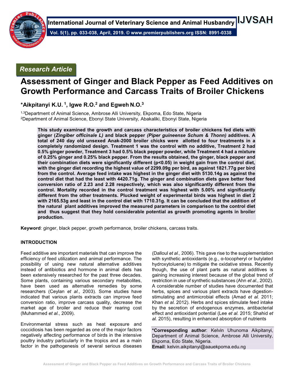 Assessment of Ginger and Black Pepper As Feed Additives on Growth Performance and Carcass Traits of Broiler Chickens