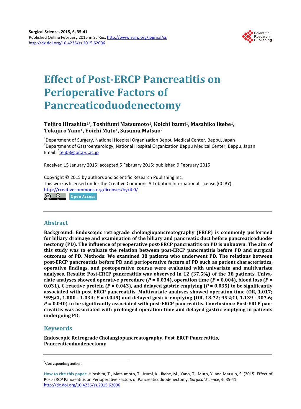 Effect of Post-ERCP Pancreatitis on Perioperative Factors of Pancreaticoduodenectomy