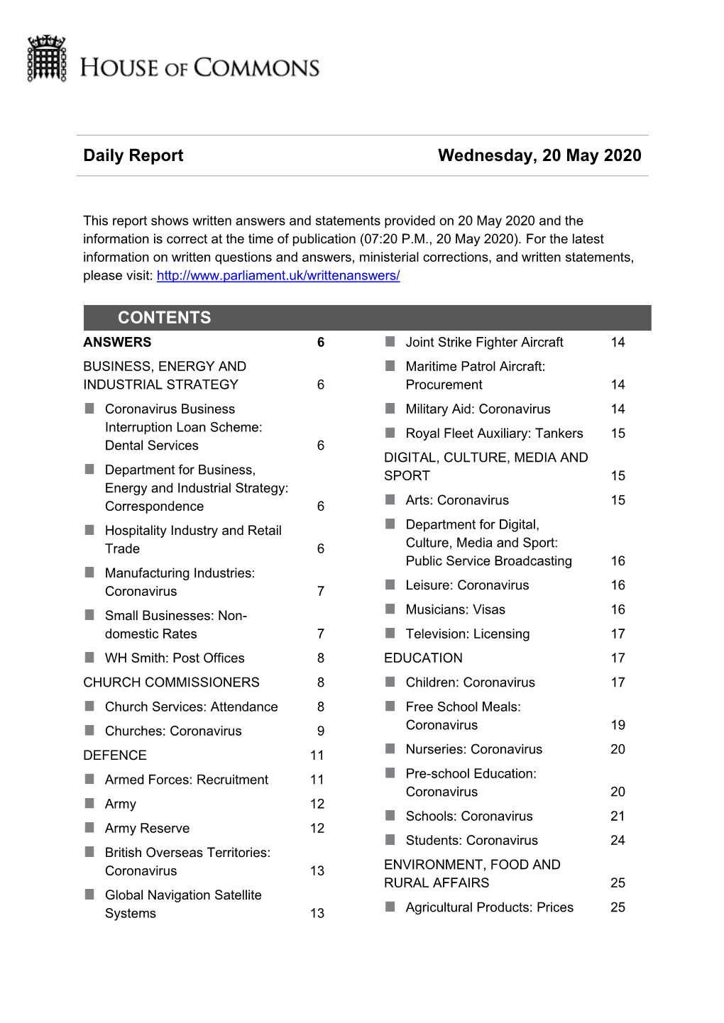 Daily Report Wednesday, 20 May 2020 CONTENTS