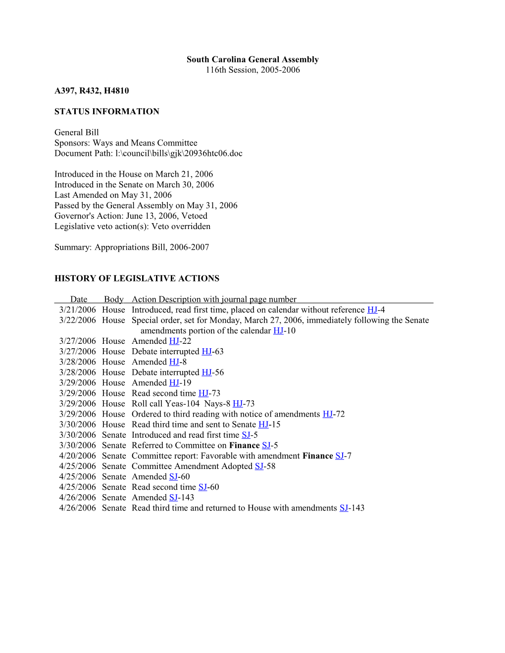 2005-2006 Bill 4810: Appropriation Bill Part IA, FY2006-2007 - South Carolina Legislature Online