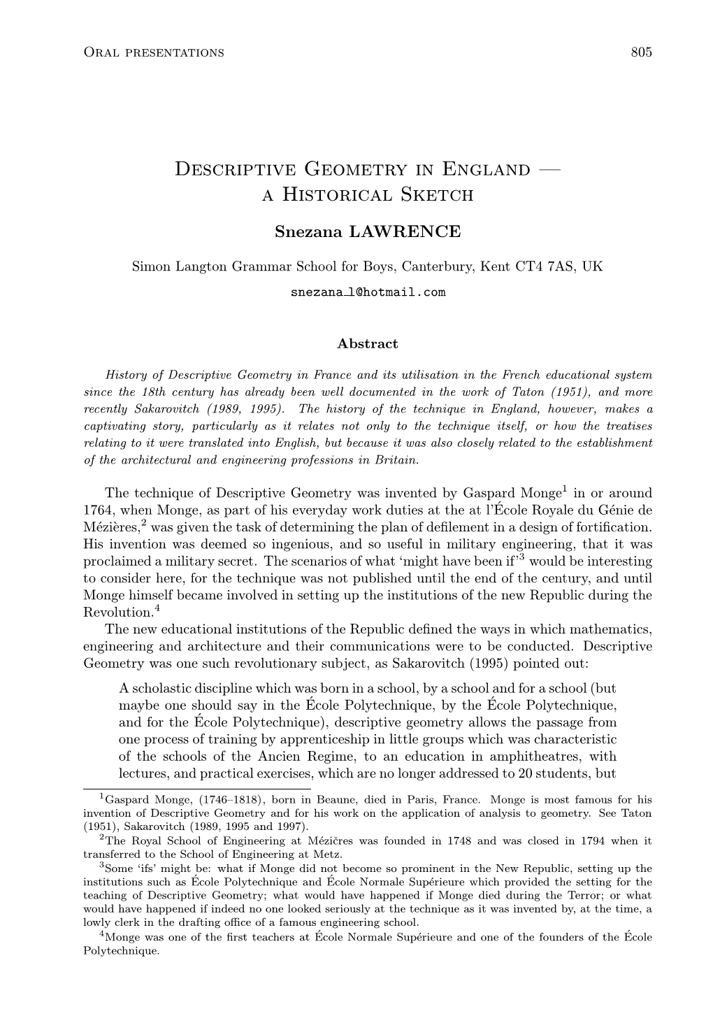 Descriptive Geometry in England — a Historical Sketch