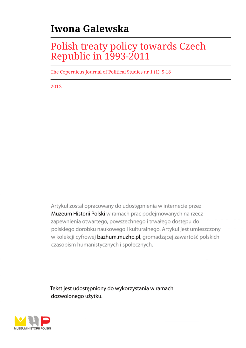 Iwona Galewska Polish Treaty Policy Towards Czech Republic in 1993-2011