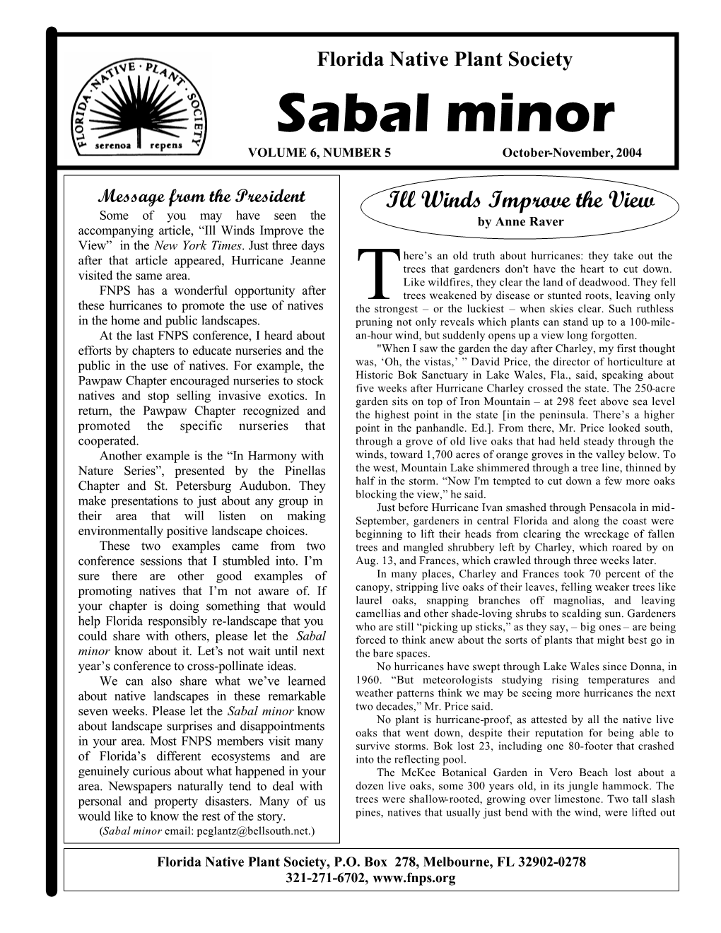 Sabal Minor VOLUME 6, NUMBER 5 October-November, 2004