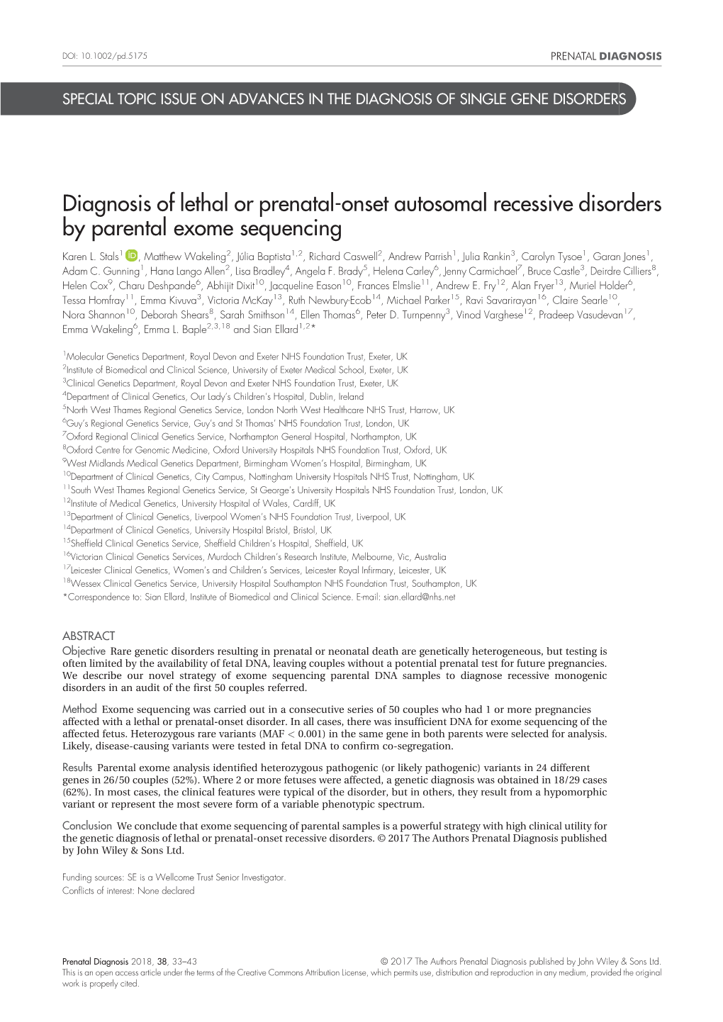 Diagnosis of Lethal Or Prenatal-Onset Autosomal Recessive Disorders by Parental Exome Sequencing