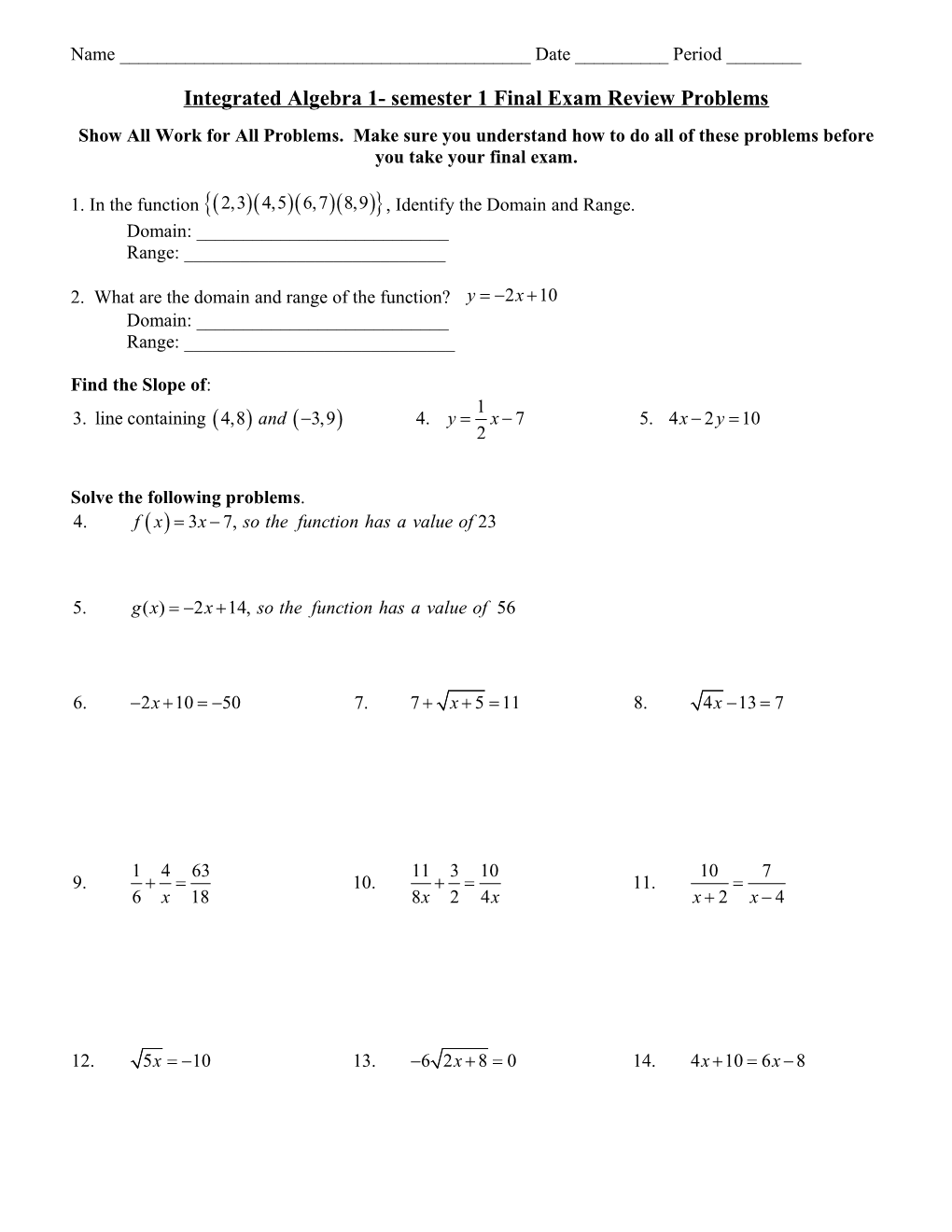 Integrated Algebra 1- Semester 1 Final Exam Review Problems