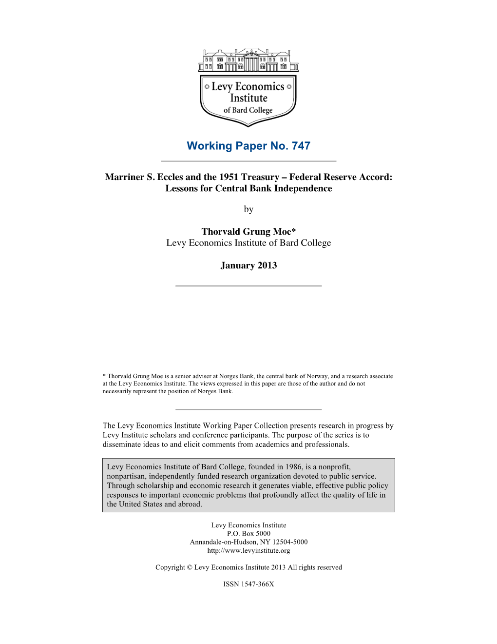 Marriner S. Eccles and the 1951 Treasury – Federal Reserve Accord: Lessons for Central Bank Independence