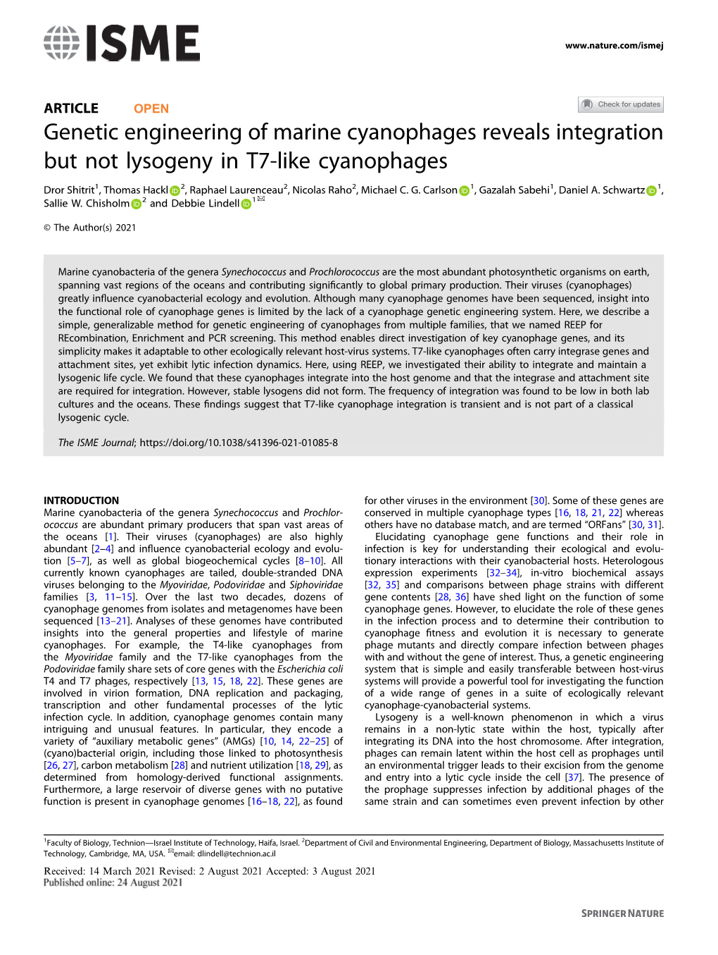 Genetic Engineering of Marine Cyanophages Reveals Integration but Not Lysogeny in T7-Like Cyanophages