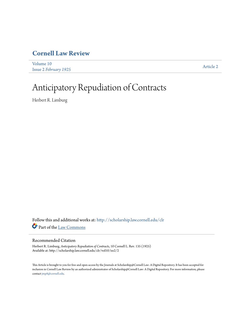 Anticipatory Repudiation of Contracts Herbert R