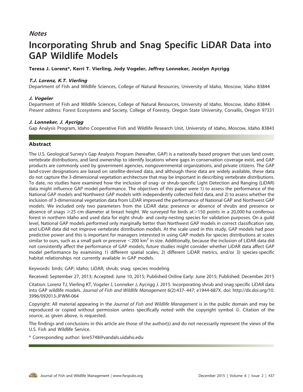 Incorporating Shrub and Snag Specific Lidar Data Into GAP Wildlife Models