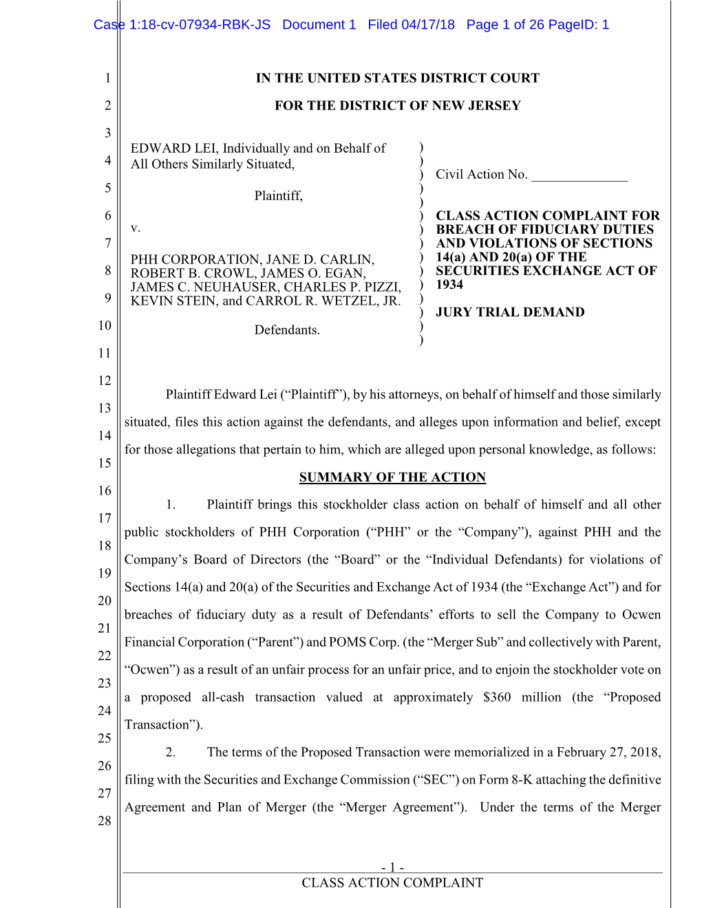 Edward Lei, Et Al. V. PHH Corporation, Et Al. 18-CV-07934-Class Action