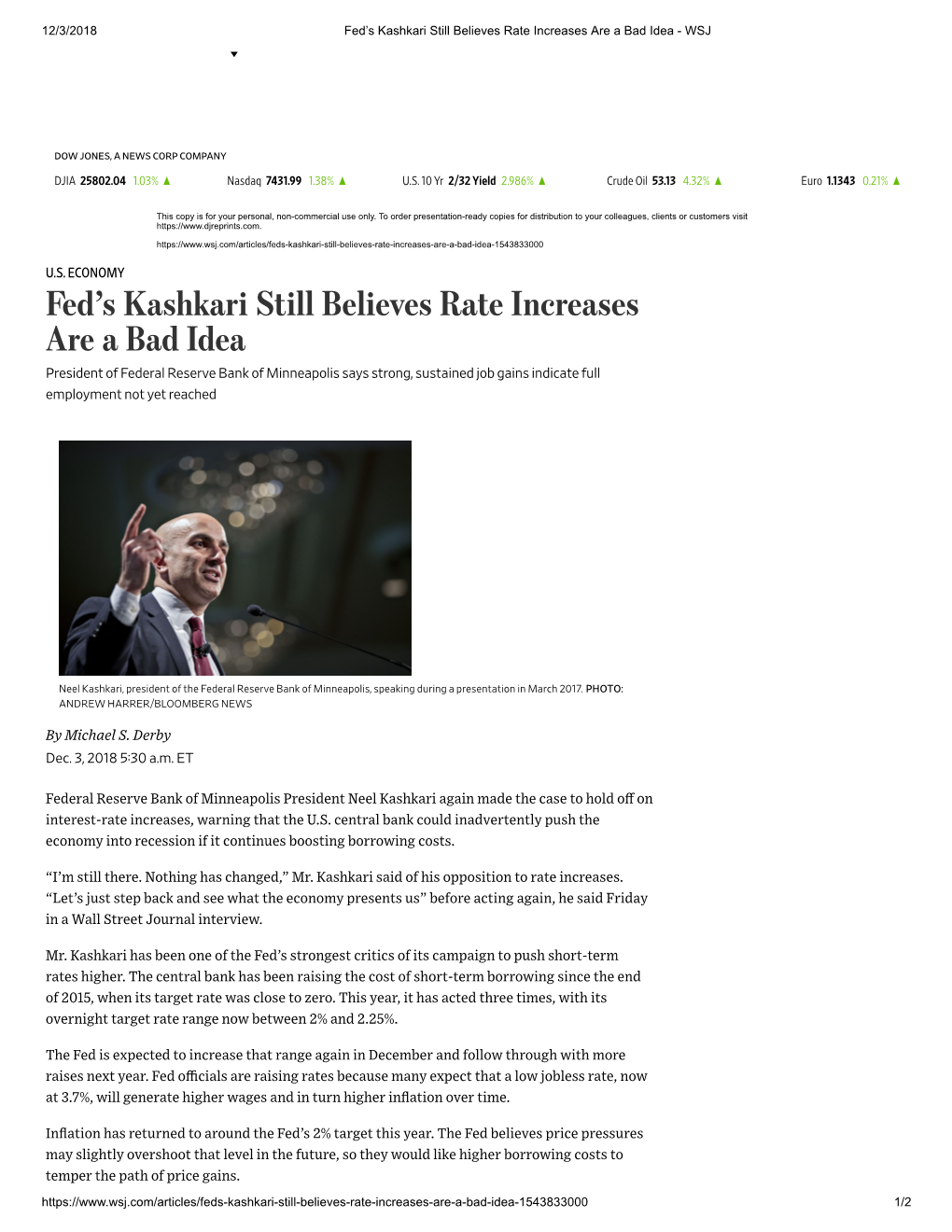 Fed's Kashkari Still Believes Rate Increases Are A