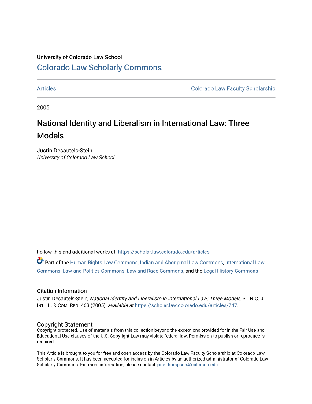 National Identity and Liberalism in International Law: Three Models