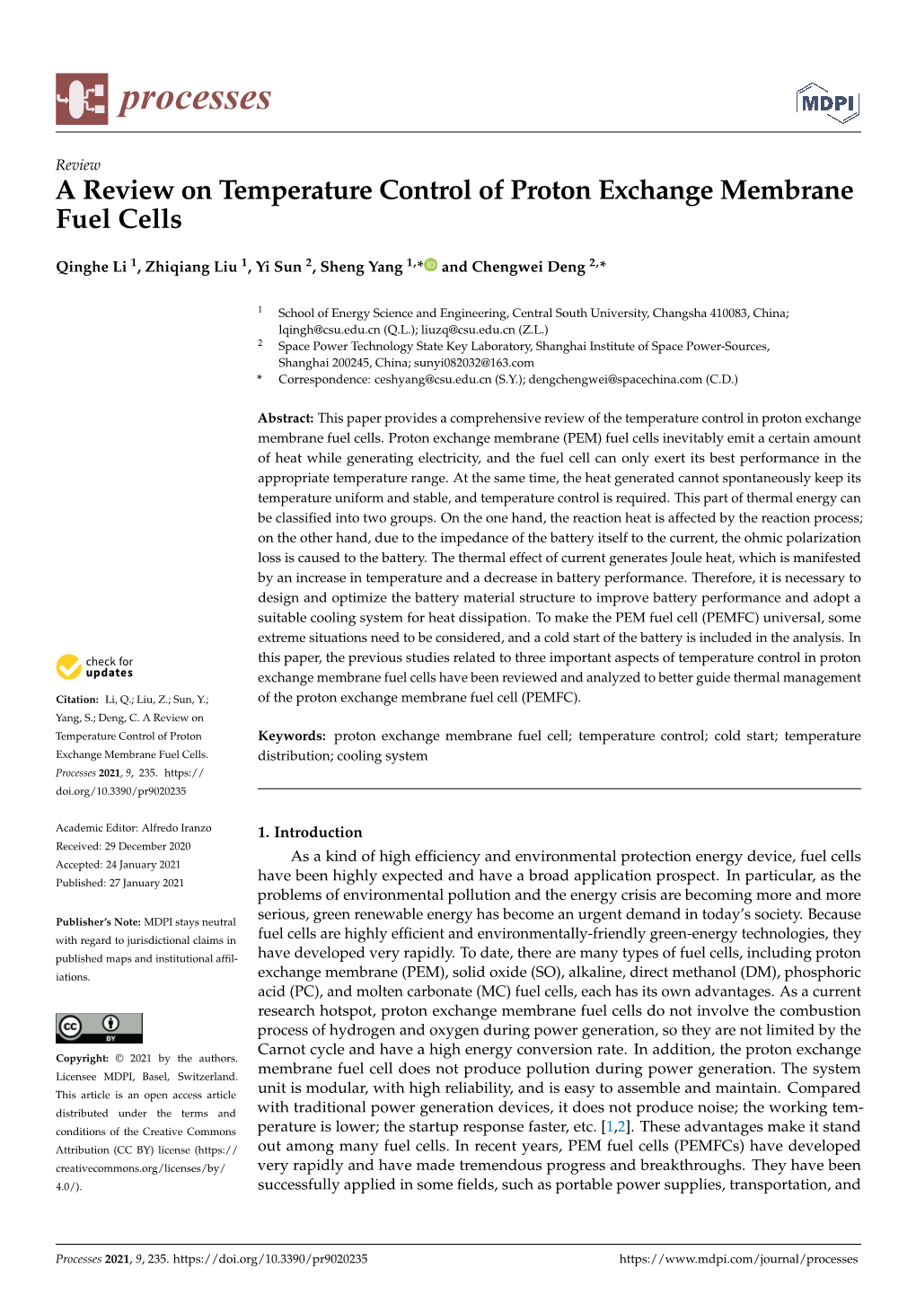 A Review on Temperature Control of Proton Exchange Membrane Fuel Cells