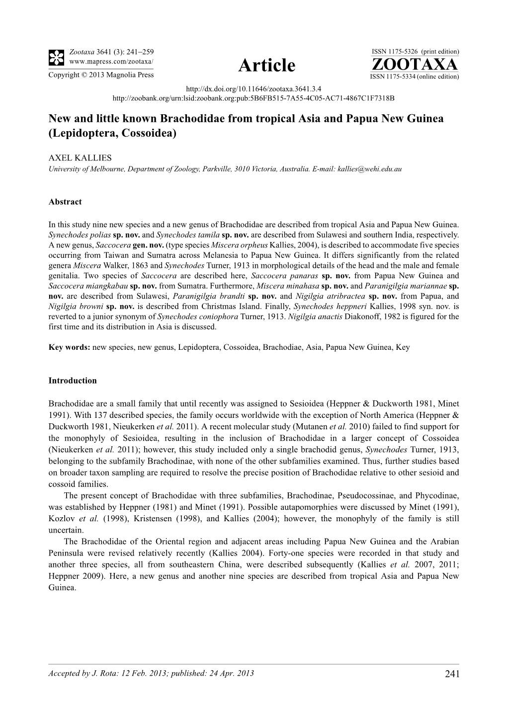 New and Little Known Brachodidae from Tropical Asia and Papua New Guinea (Lepidoptera, Cossoidea)