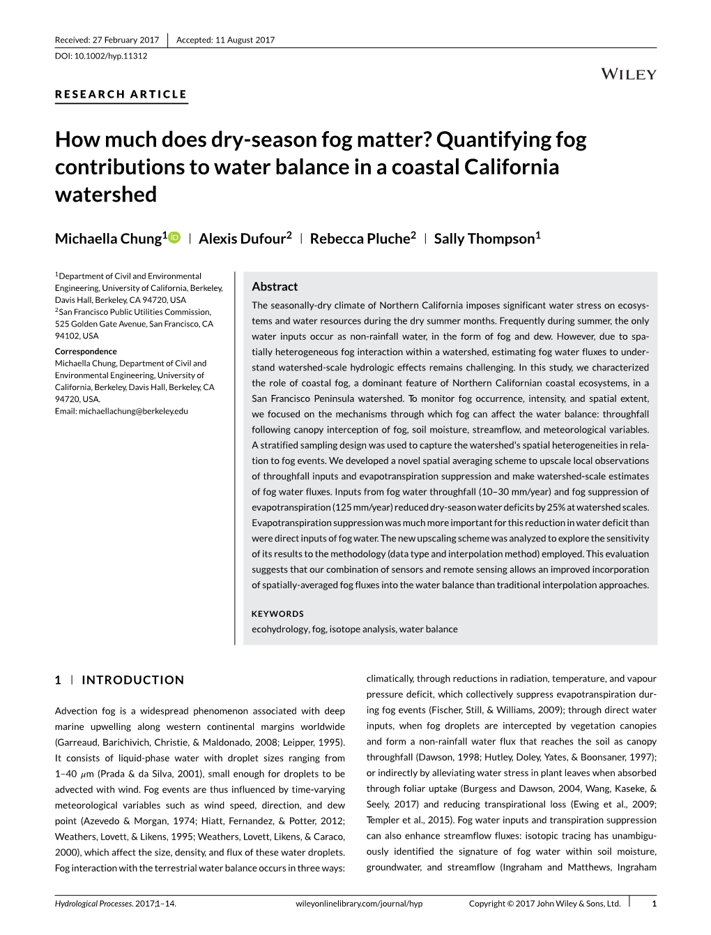 Quantifying Fog Contributions to Water Balance in a Coastal California Watershed