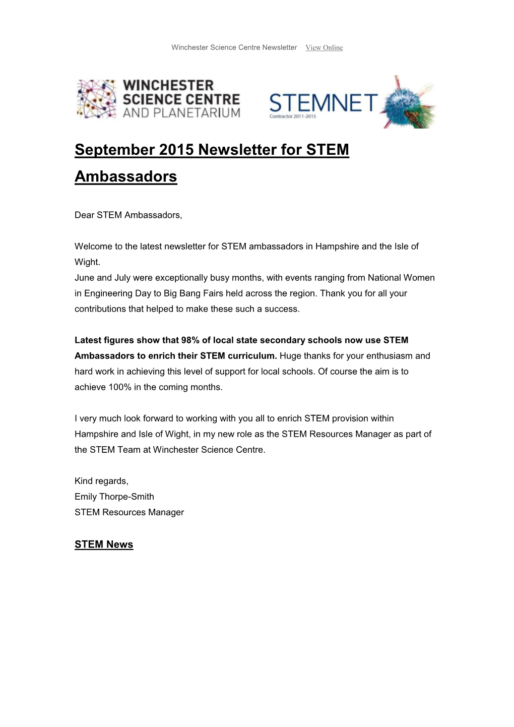 September 2015 Newsletter for STEM Ambassadors
