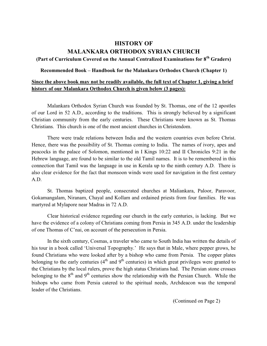 HISTORY of MALANKARA ORTHODOX SYRIAN CHURCH (Part of Curriculum Covered on the Annual Centralized Examinations for 8Th Graders)