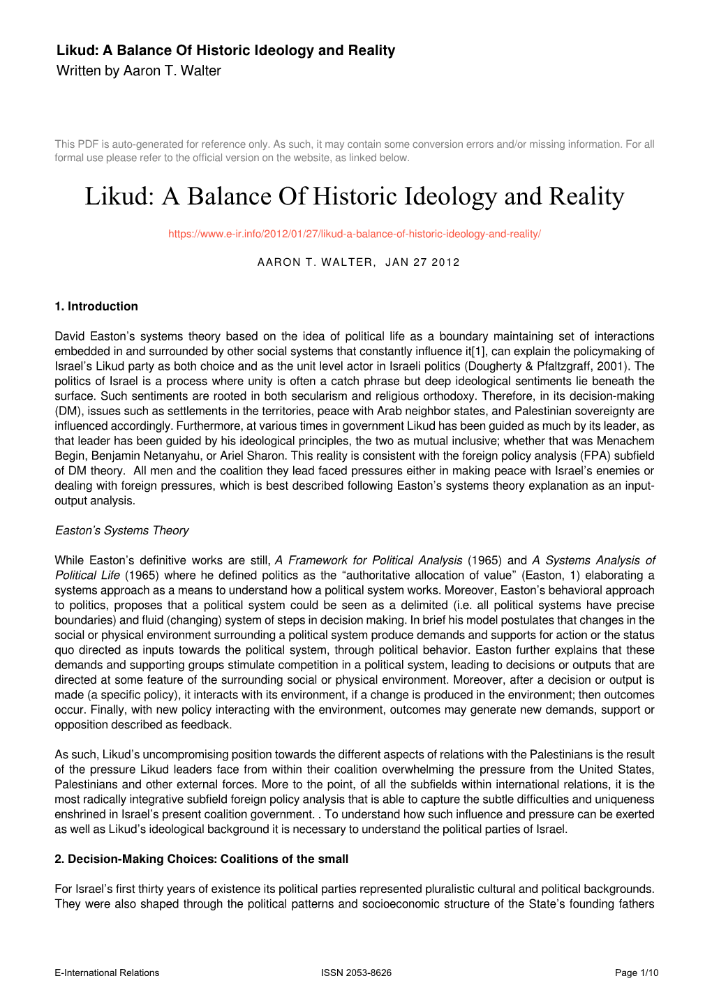 Likud: a Balance of Historic Ideology and Reality Written by Aaron T