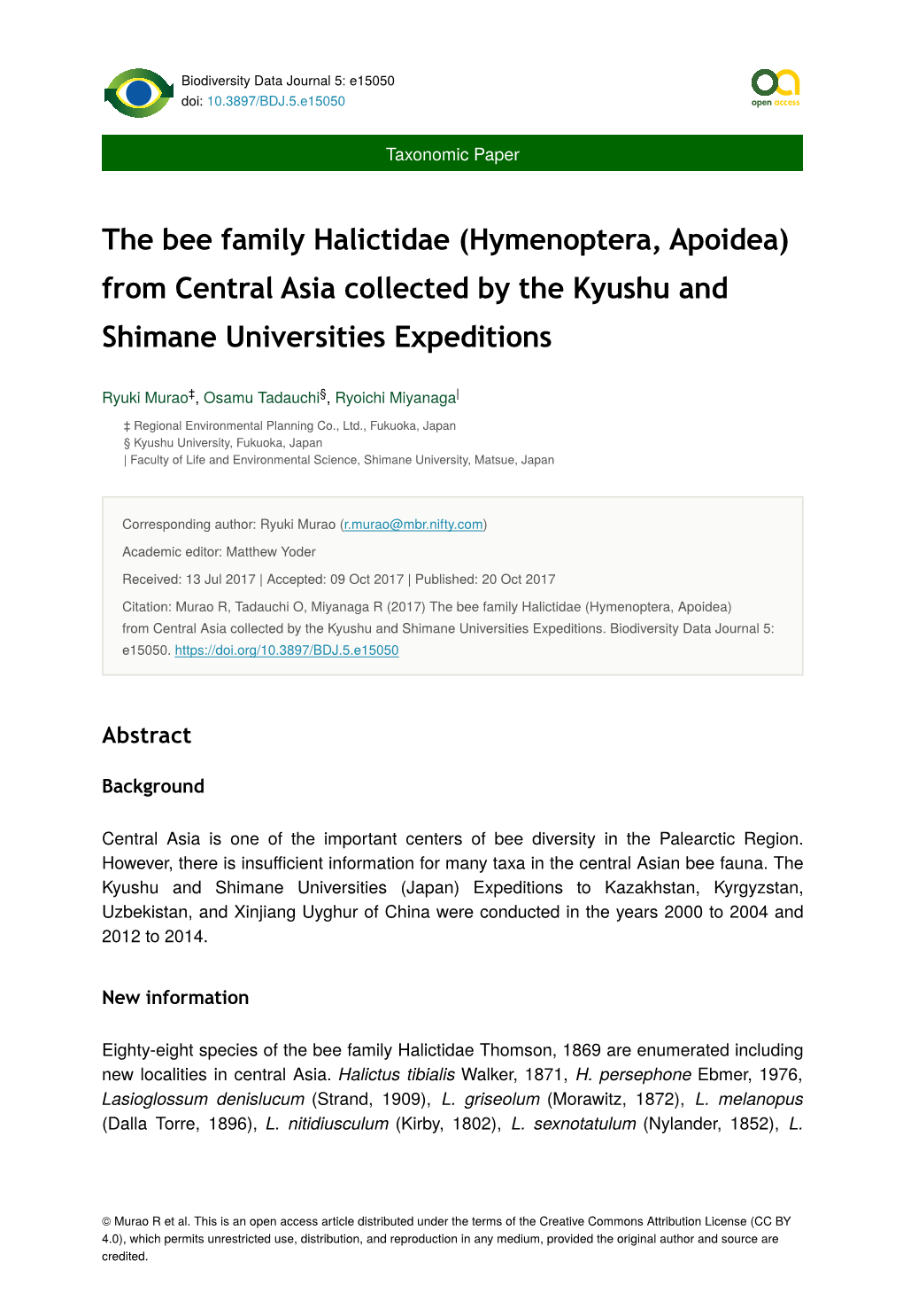 Hymenoptera, Apoidea) from Central Asia Collected by the Kyushu and Shimane Universities Expeditions