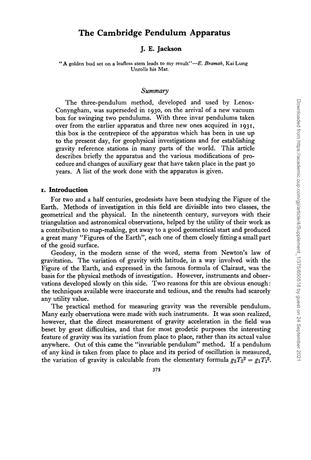 The Cambridge Pendulum Apparatus