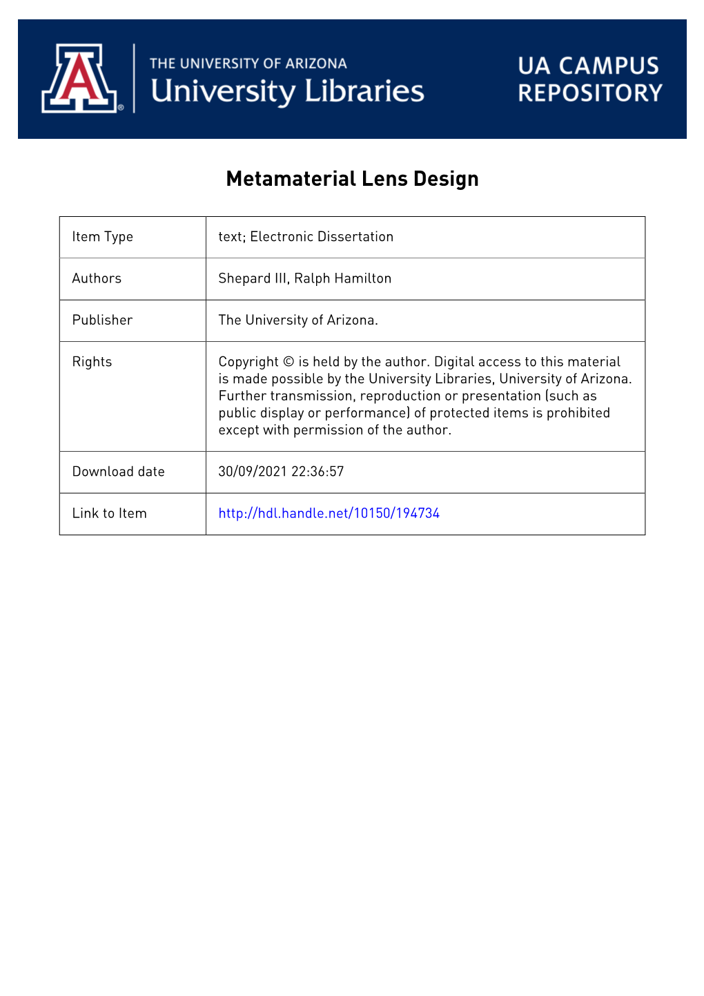 1 METAMATERIAL LENS DESIGN by Ralph Hamilton Shepard III