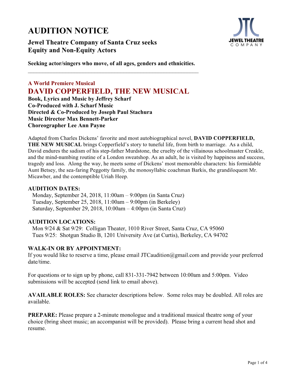 AUDITION NOTICE Jewel Theatre Company of Santa Cruz Seeks Equity and Non-Equity Actors