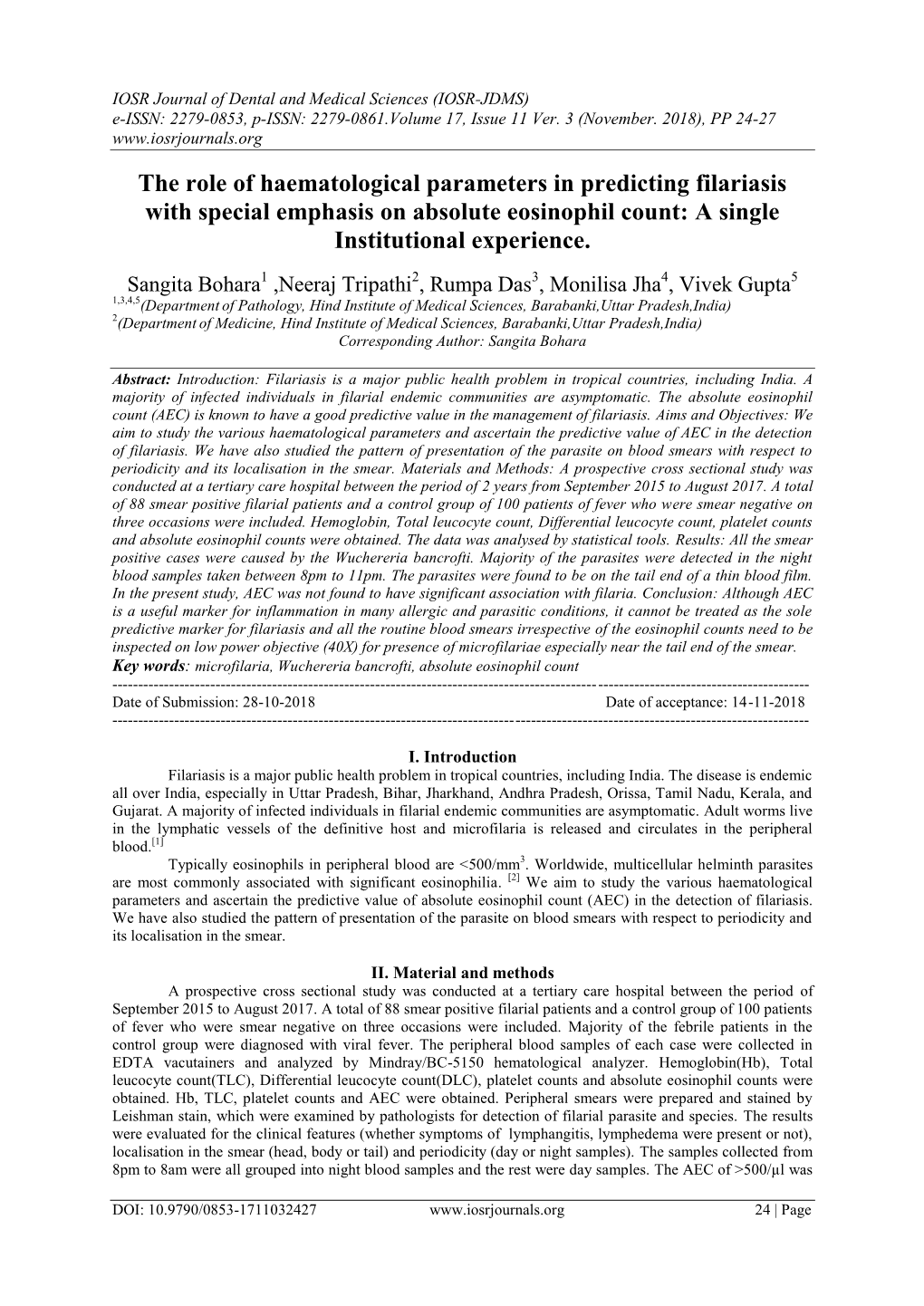 The Role of Haematological Parameters in Predicting Filariasis with Special Emphasis on Absolute Eosinophil Count: a Single Institutional Experience